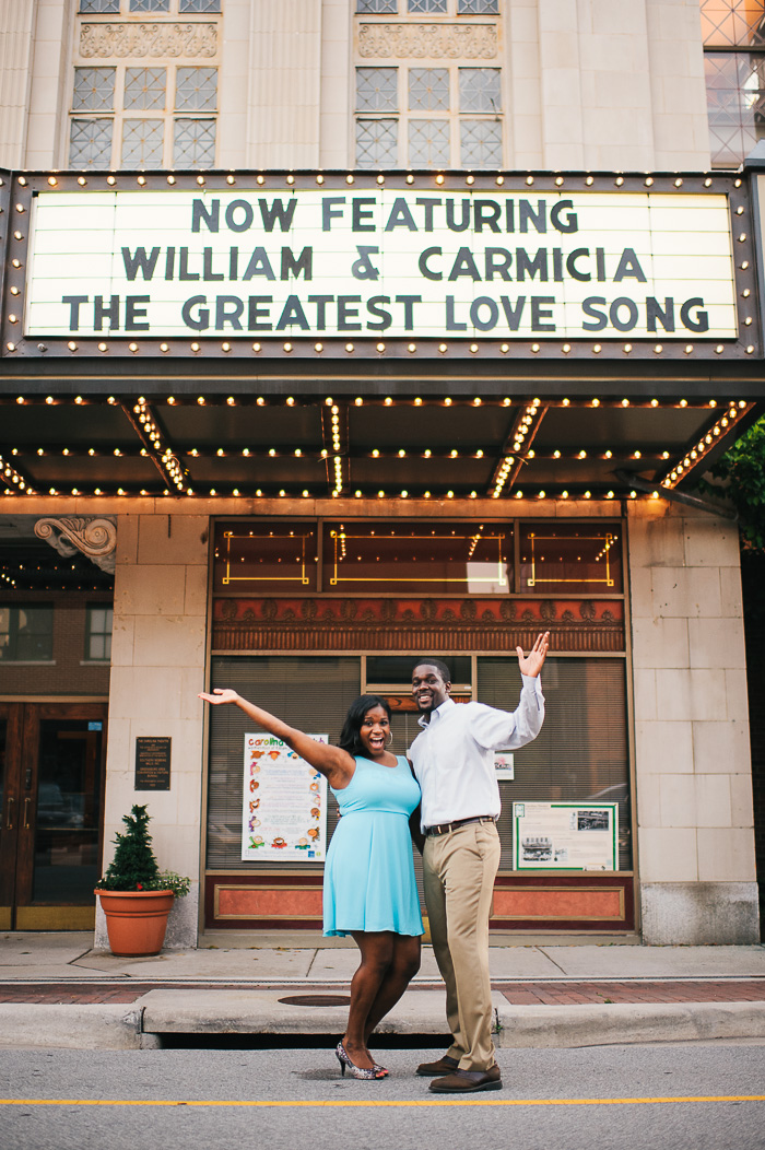 Greensboro engagement, engagement photographer, UNC greensboro, UNCG, Carolina theater