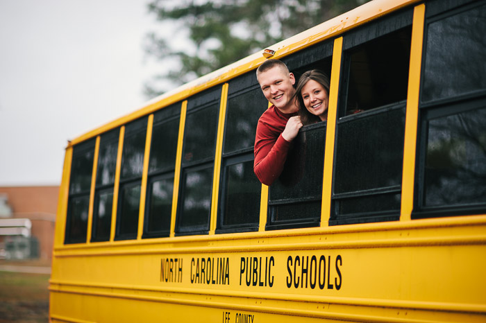 Sanford engagement pictures, sanford photographer, school bus engagement, middle school